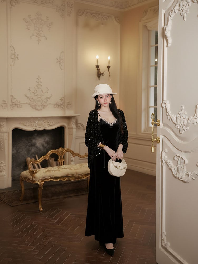 Yailla New Versatile Autumn/Winter Chinese Style Suit Elegant and Retro-Chic Look High-End Sequined Heavy Embroidery Top V-Neck Cotton Coat + Slip Dress Niche Design Tang Coat Suit - Image 4